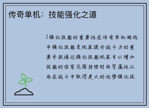 传奇单机：技能强化之道