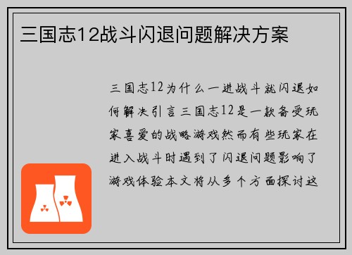 三国志12战斗闪退问题解决方案